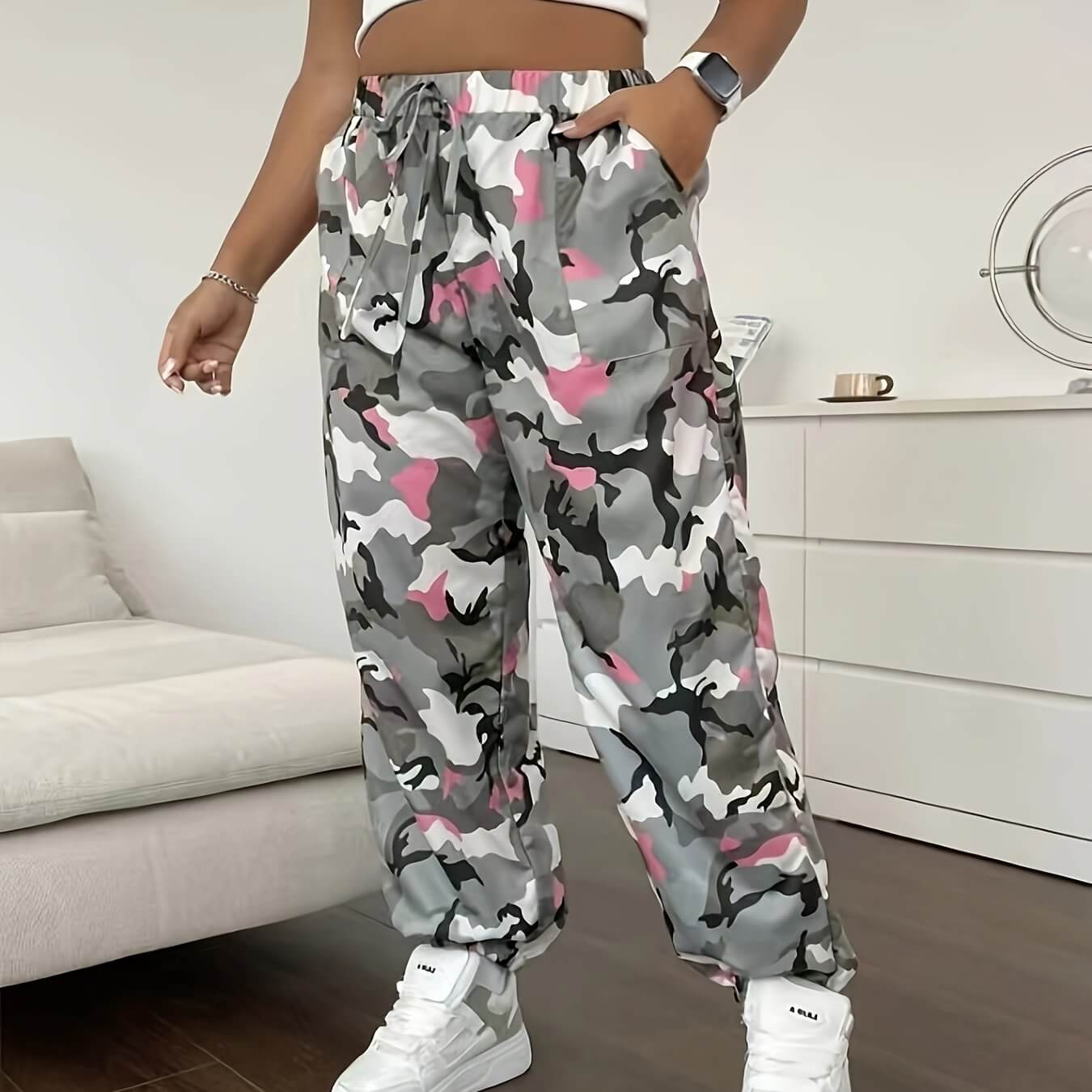 Plus Size Camo Sports Pants with Pockets | Cargo Trousers