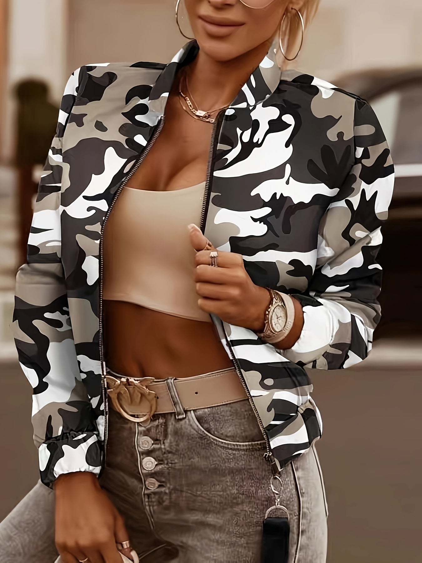 Women's Camo Jacket | Long Sleeves, Round Neck