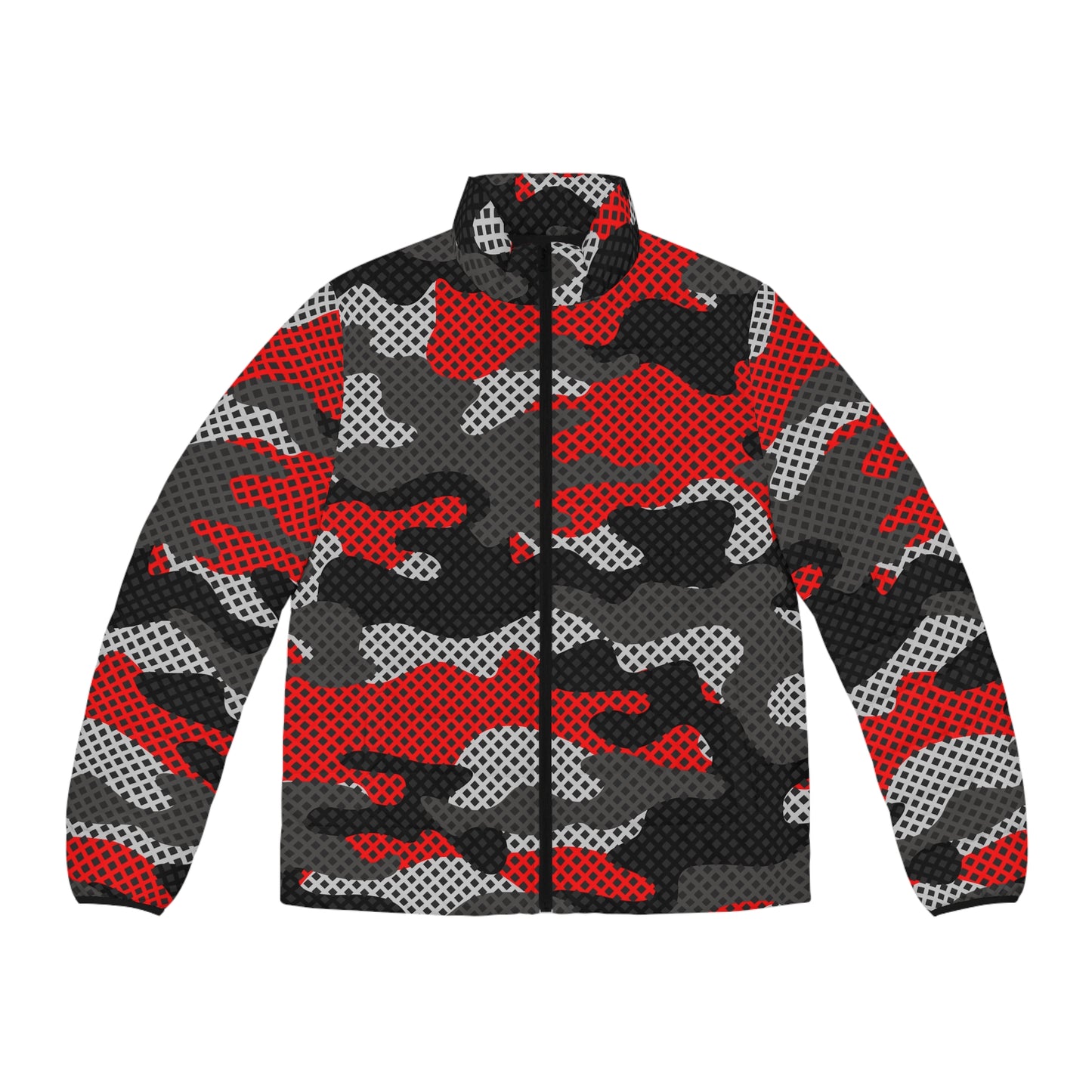 Camo Puffer Jacket For Men | Red, Black and Gray Pixel