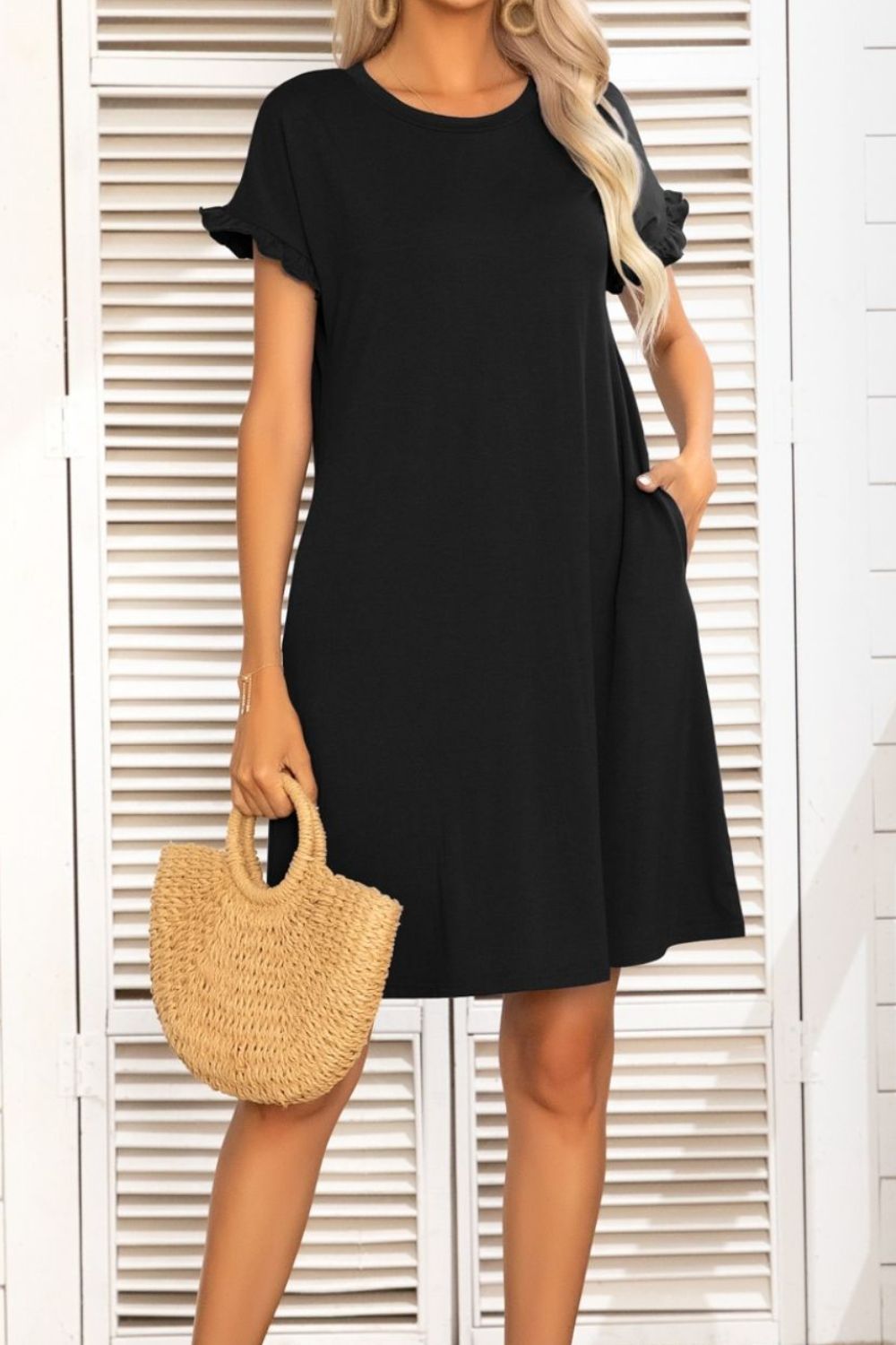 Flounce Sleeve Round Neck Dress with Pockets