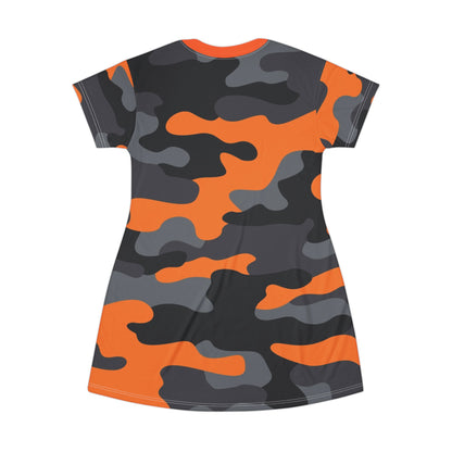 Camo T-Shirt Dress | Orange, Black, and Gray Camouflage