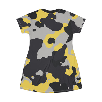 Camo T-Shirt Dress | Yellow, Black, and Silver Camouflage