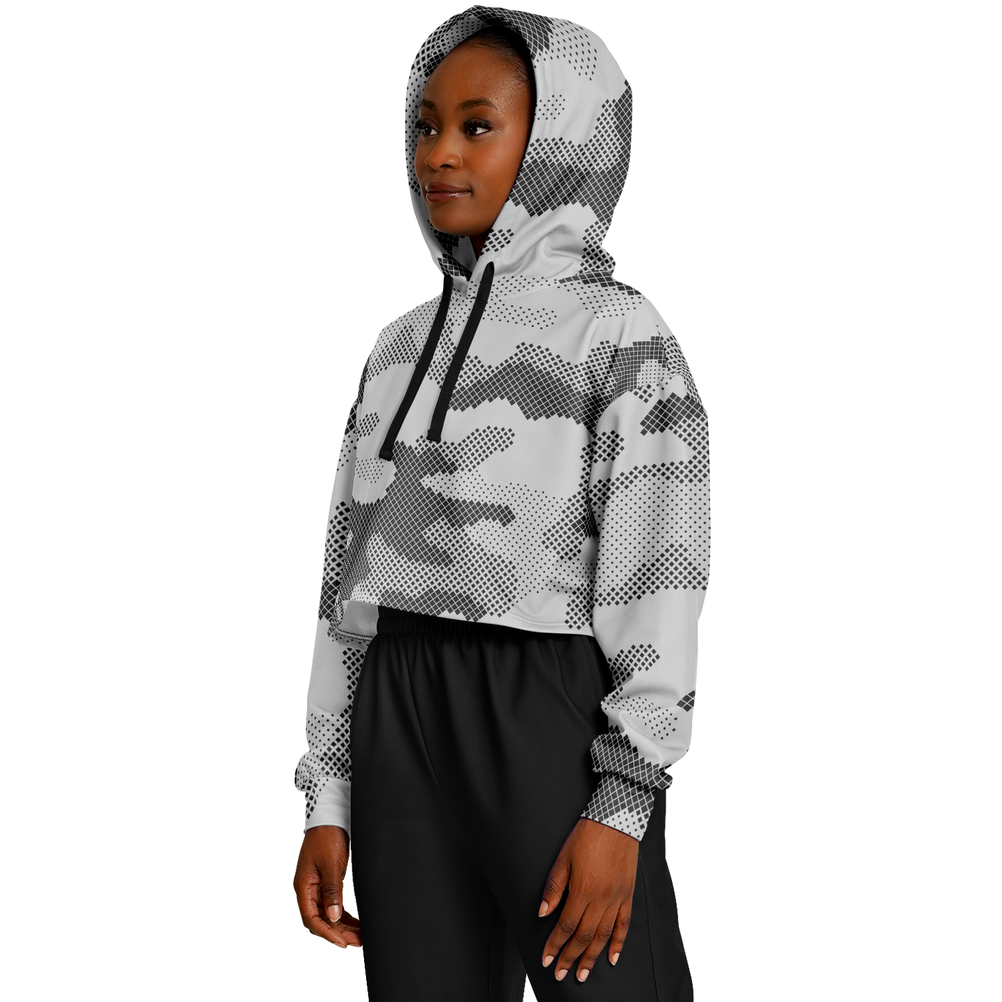 Cropped Hoodie For Women | Black & White Digital Dotted