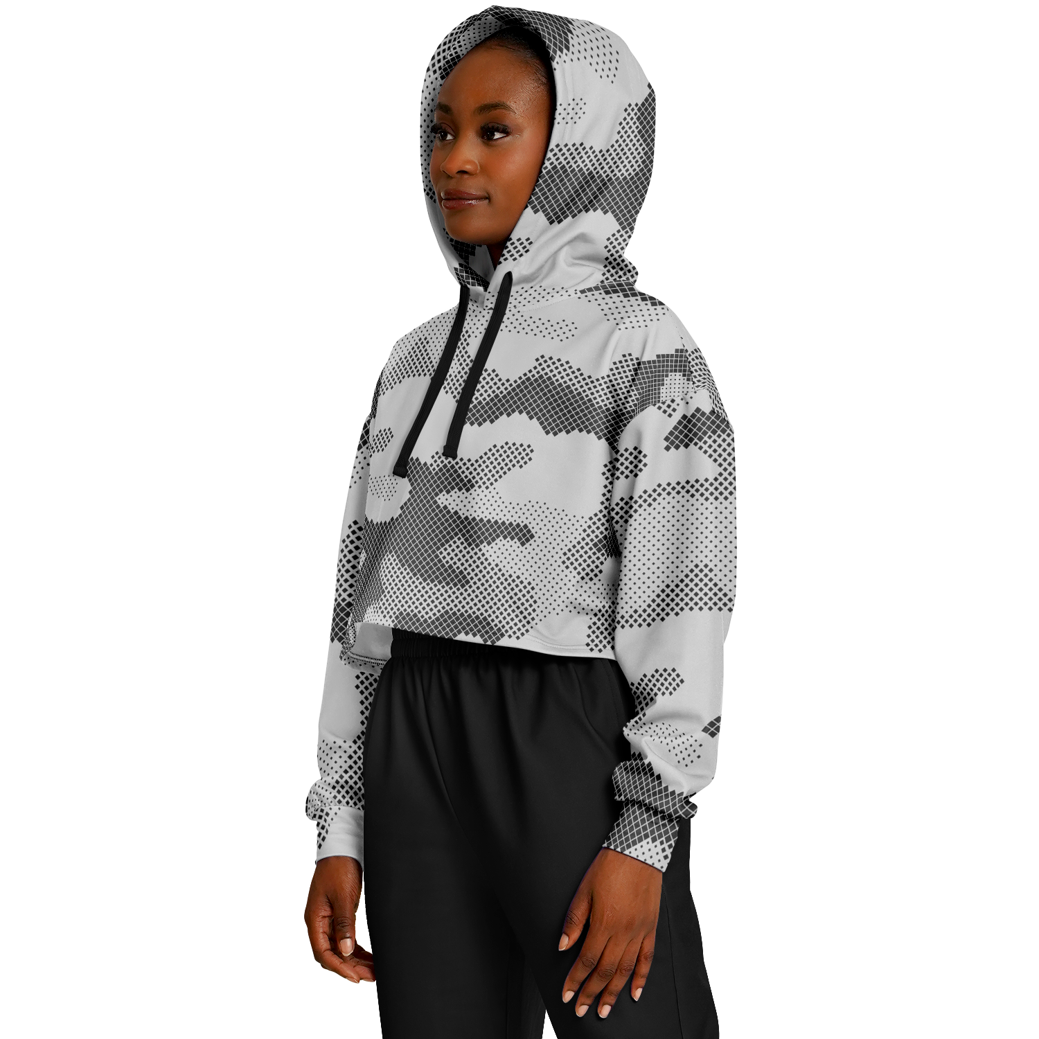 Cropped Hoodie For Women | Black & White Digital Dotted