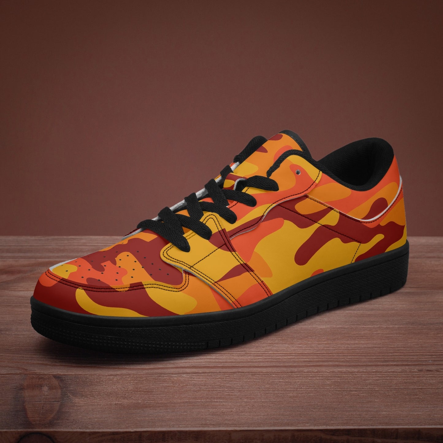 Camo Sneakers | Orange and Red Low-Top Leather Camouflage Shoes