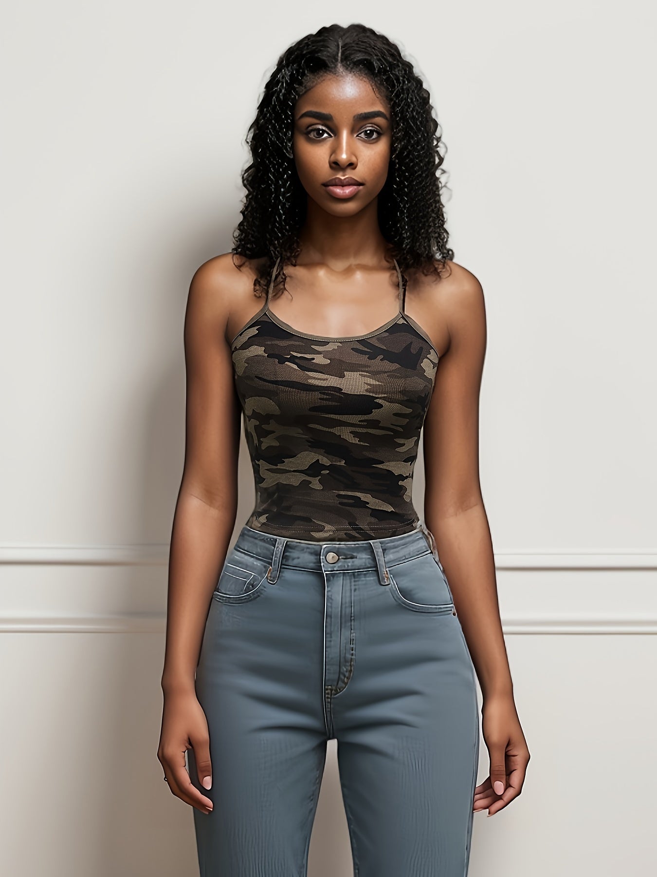 Camo Print Knit Crop Top for Women | Off-Shoulder Sleeveless Tank