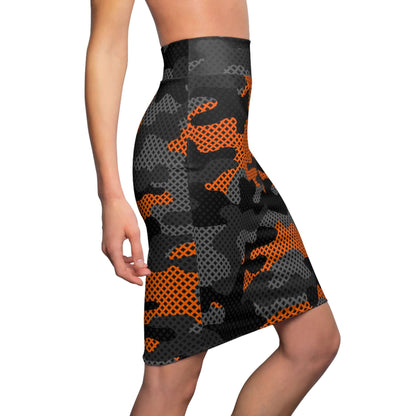 Camo Mini Skirt | Pencil Cut | Black & Orange Pixel Pattern