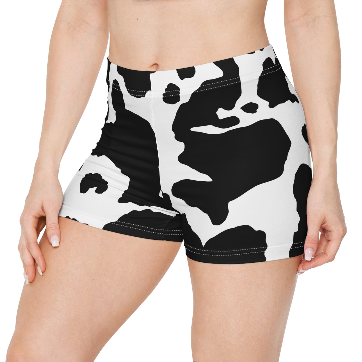 Women's Camo Shorts | Tight Fit | Black & White Cow Print