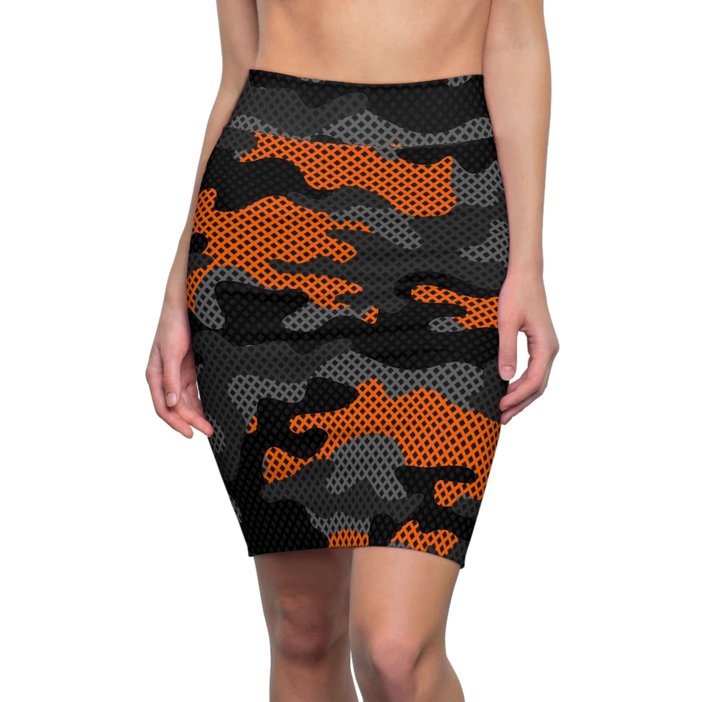 Camo Mini Skirt | Pencil Cut | Black & Orange Pixel Pattern