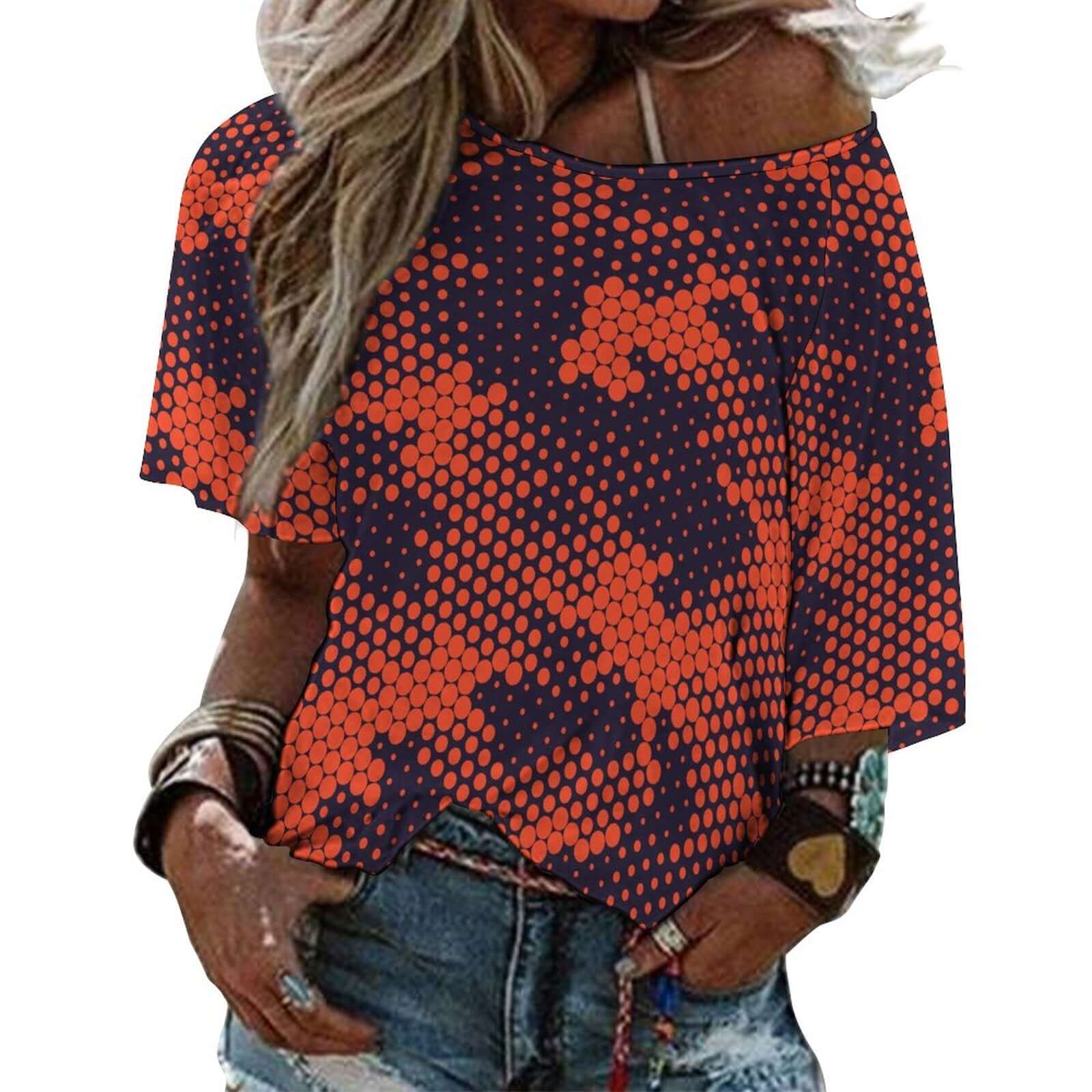 Off The Shoulder Top | Orange & Blue Digital Camo Shirt