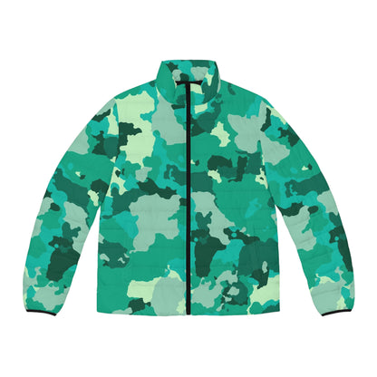 Cyan Green Camo Puffer Jacket For Men | Military Camouflage