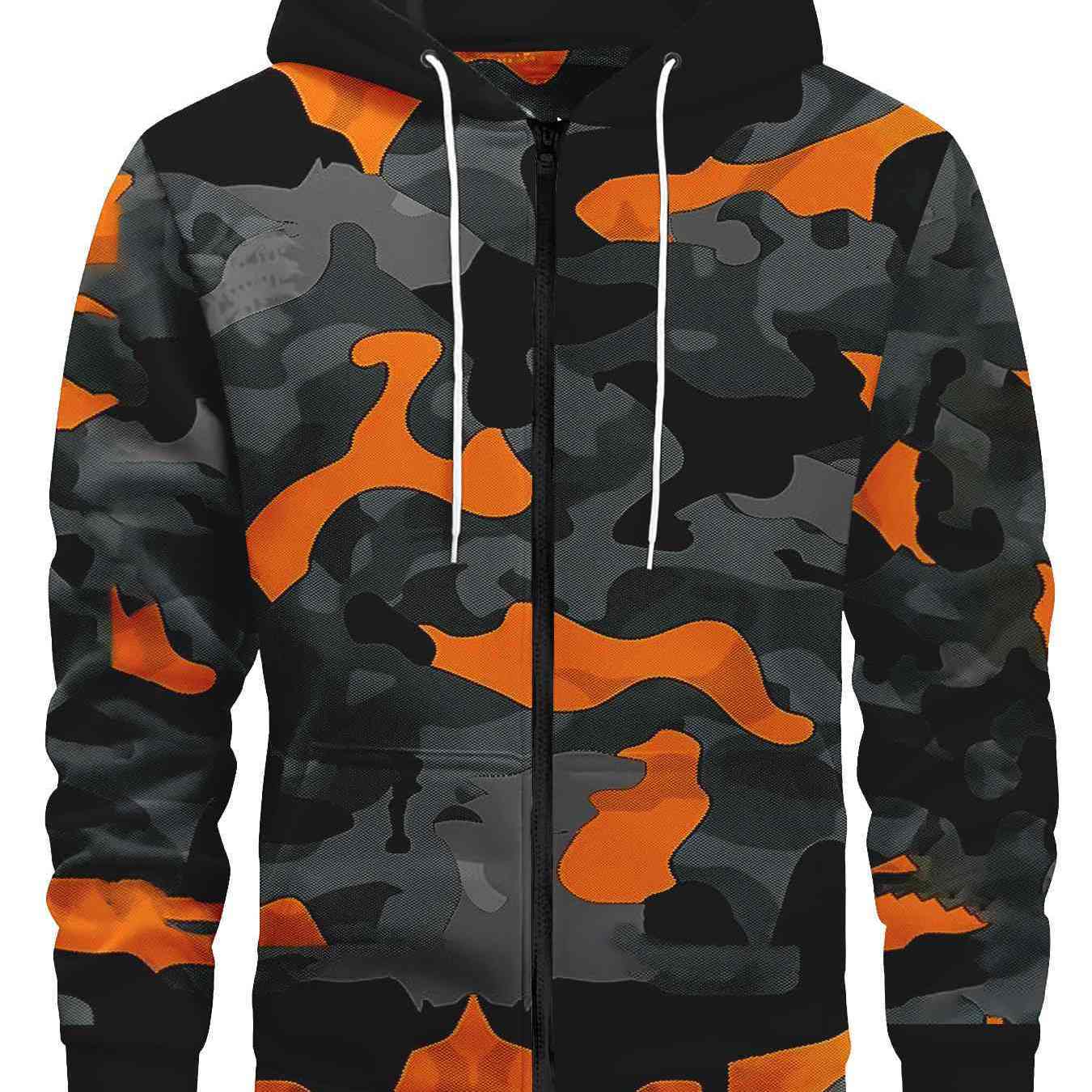 Men's Camo Print Zip-Up Hoodie | Sporty Wear with Drawstring