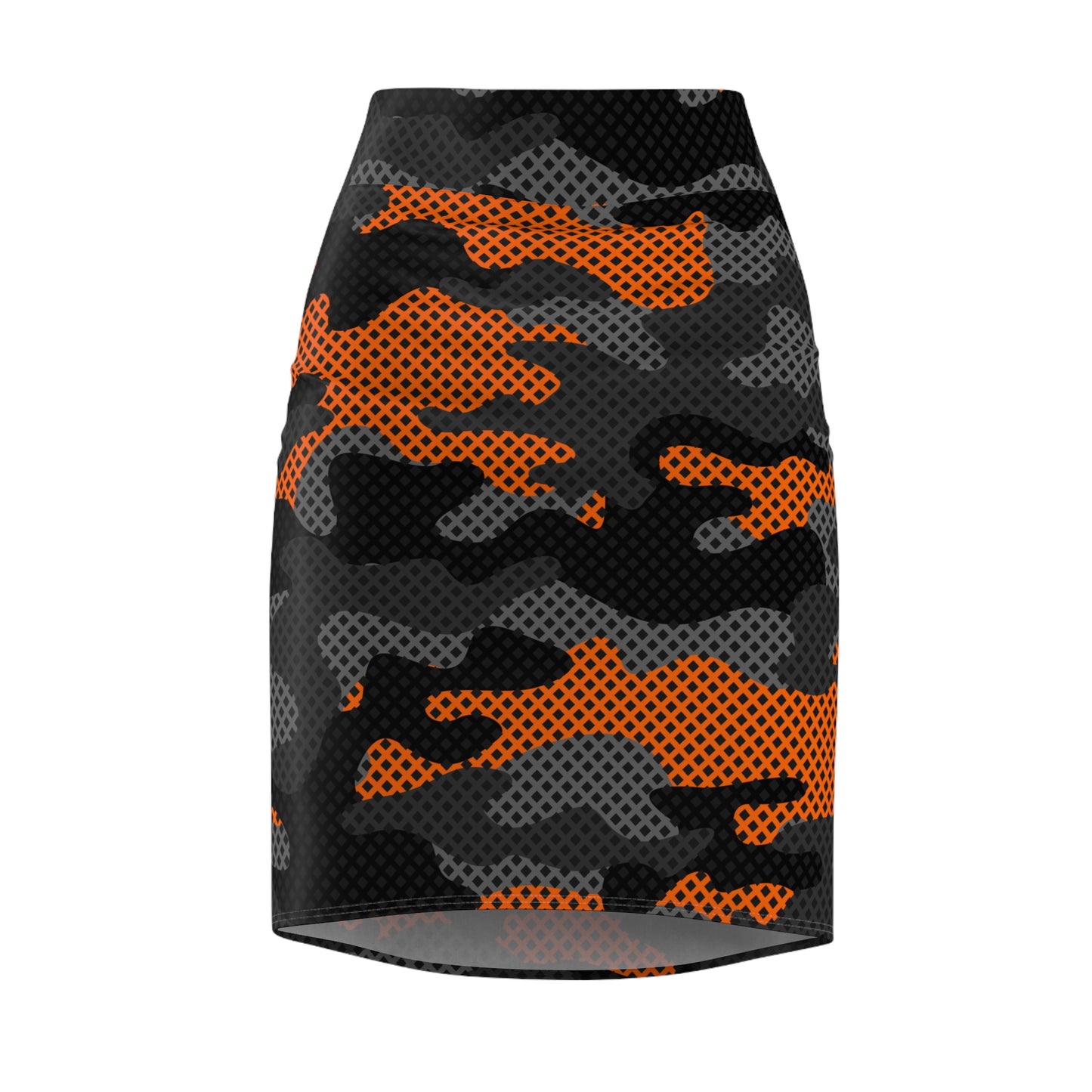 Camo Mini Skirt | Pencil Cut | Black & Orange Pixel Pattern