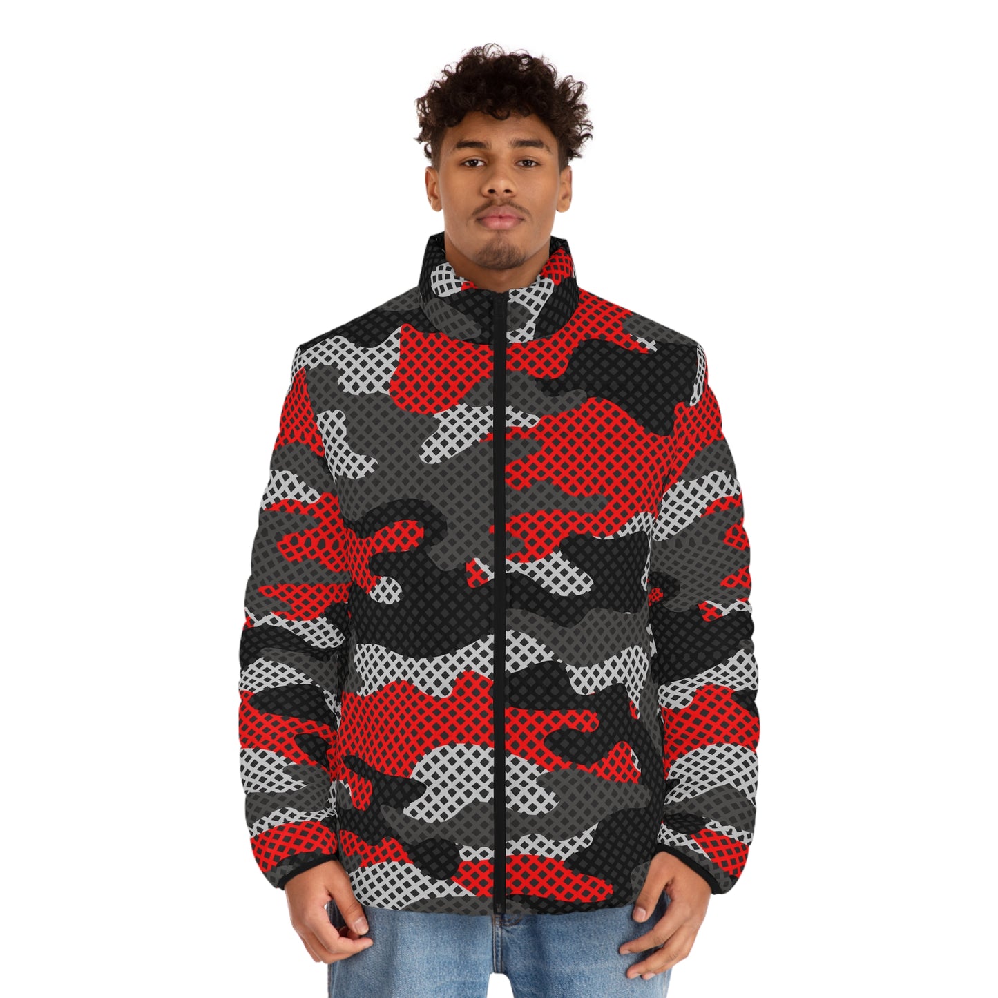 Camo Puffer Jacket For Men | Red, Black and Gray Pixel