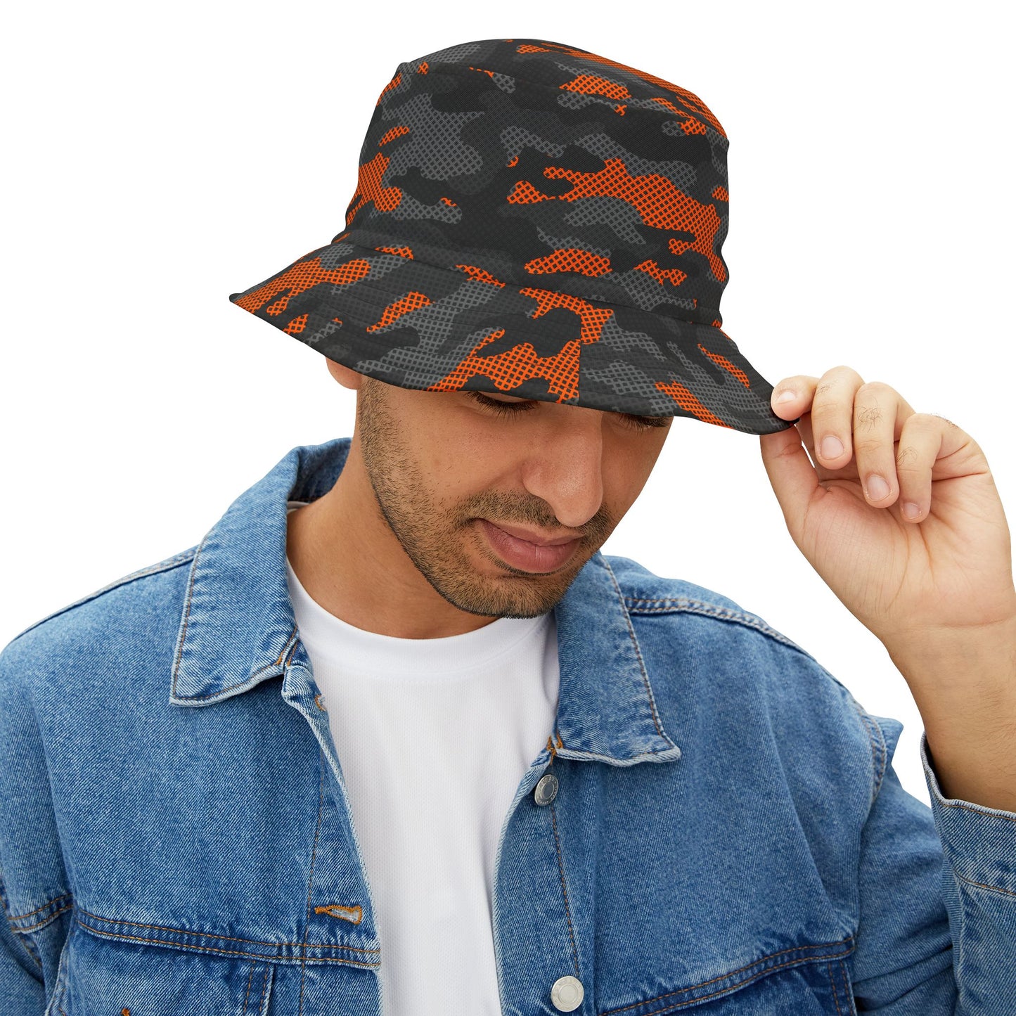 Camo Bucket Hat | Black & Orange Pixel Camouflage