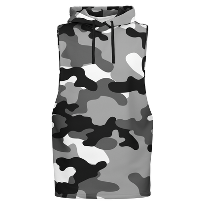 Sleeveless Hoodie | Black, White & Gray Camouflage