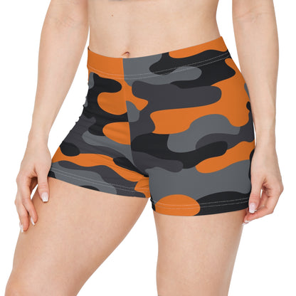 Women's Camo Shorts | Tight Fit | Orange, Black, and Gray