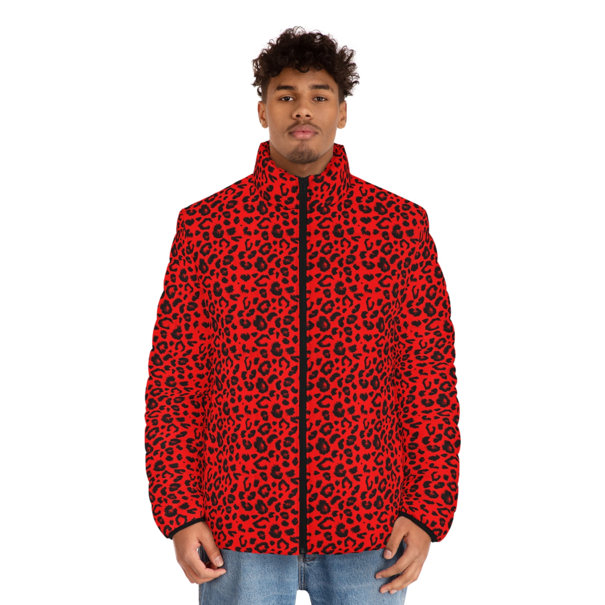 Leopard Puffer Jacket For Men | Red & Black