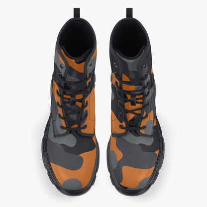 Chunky Boots | Leather in Orange, Black, & Gray Camouflage