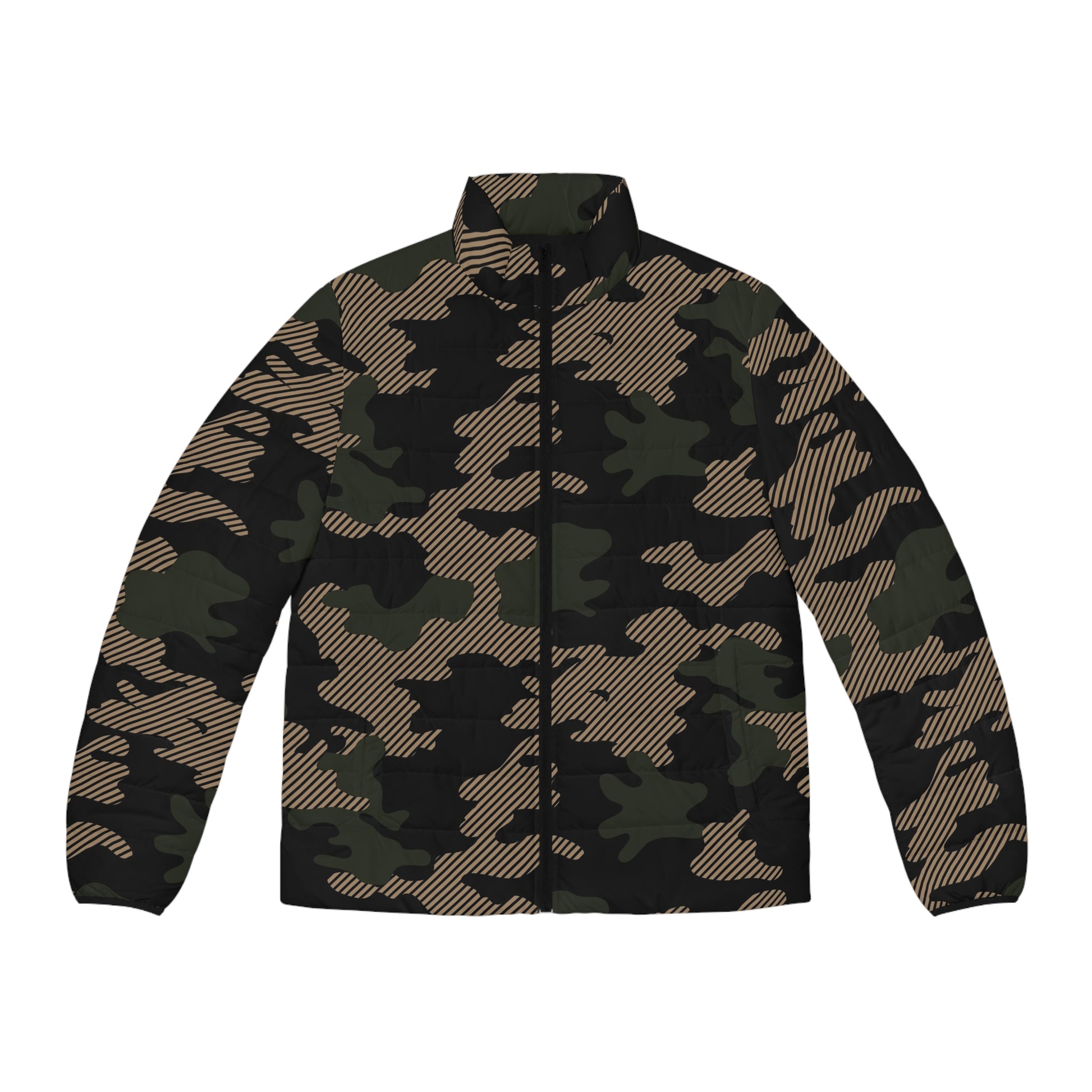 Camo Puffer Jacket For Men | Dark Jungle Green & Black