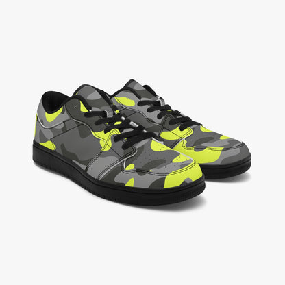 Camo Sneakers | Black Yellow Low-Top Leather Camouflage Shoes