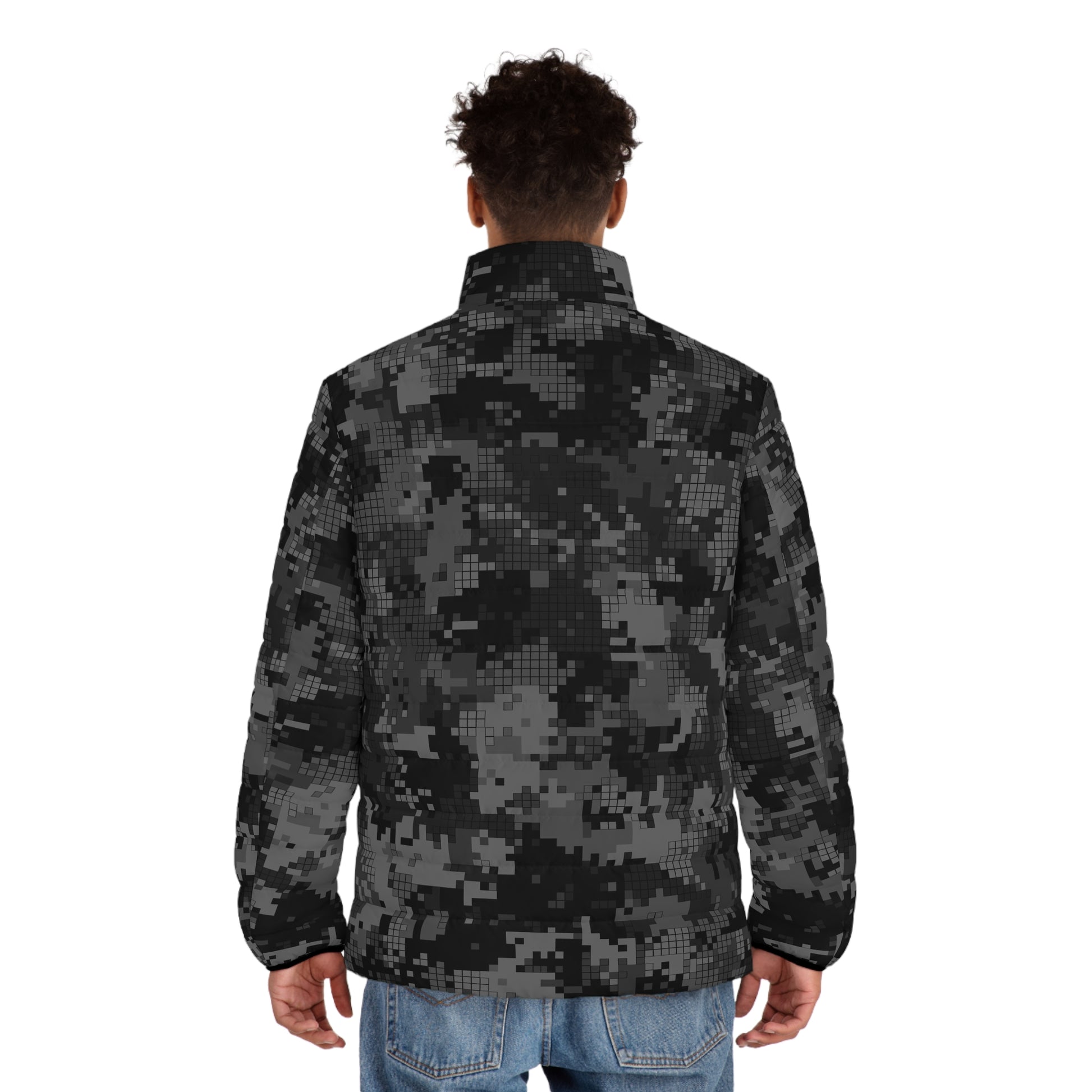 Gray Camo Puffer Jacket For Men | Digital Monochrome