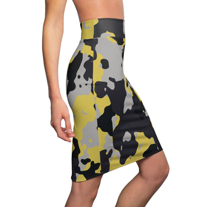 Camo Mini Skirt | Pencil Cut | Yellow, Black, & Silver