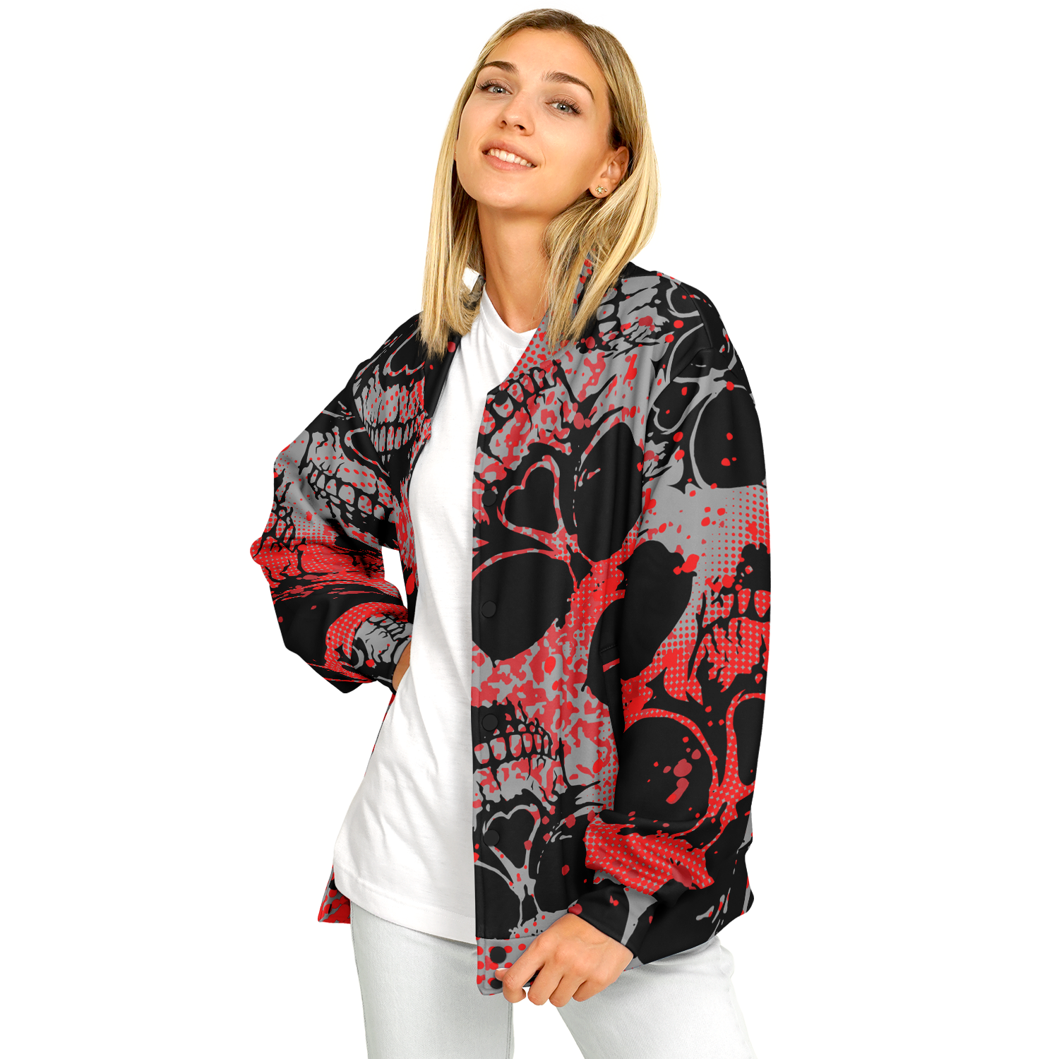 Baseball Jacket | Grunge Skulls Print in Red & Black | Unisex