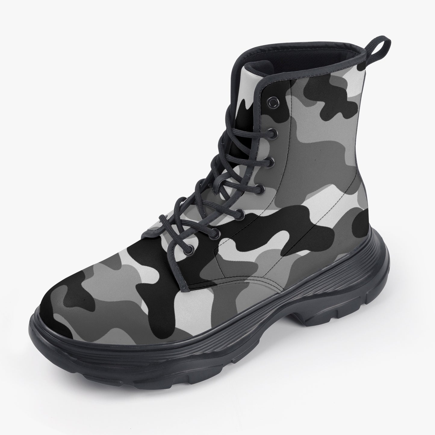 Chunky Boots | Leather in Gray, Black, & White Camouflage