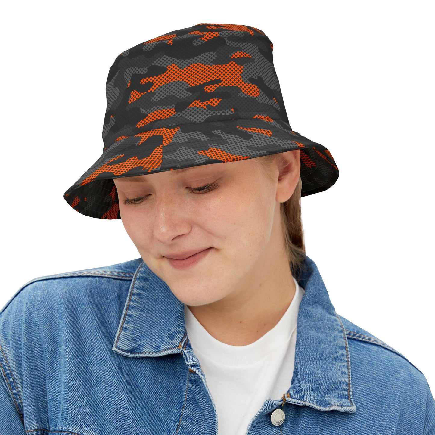 Camo Bucket Hat | Black & Orange Pixel Camouflage