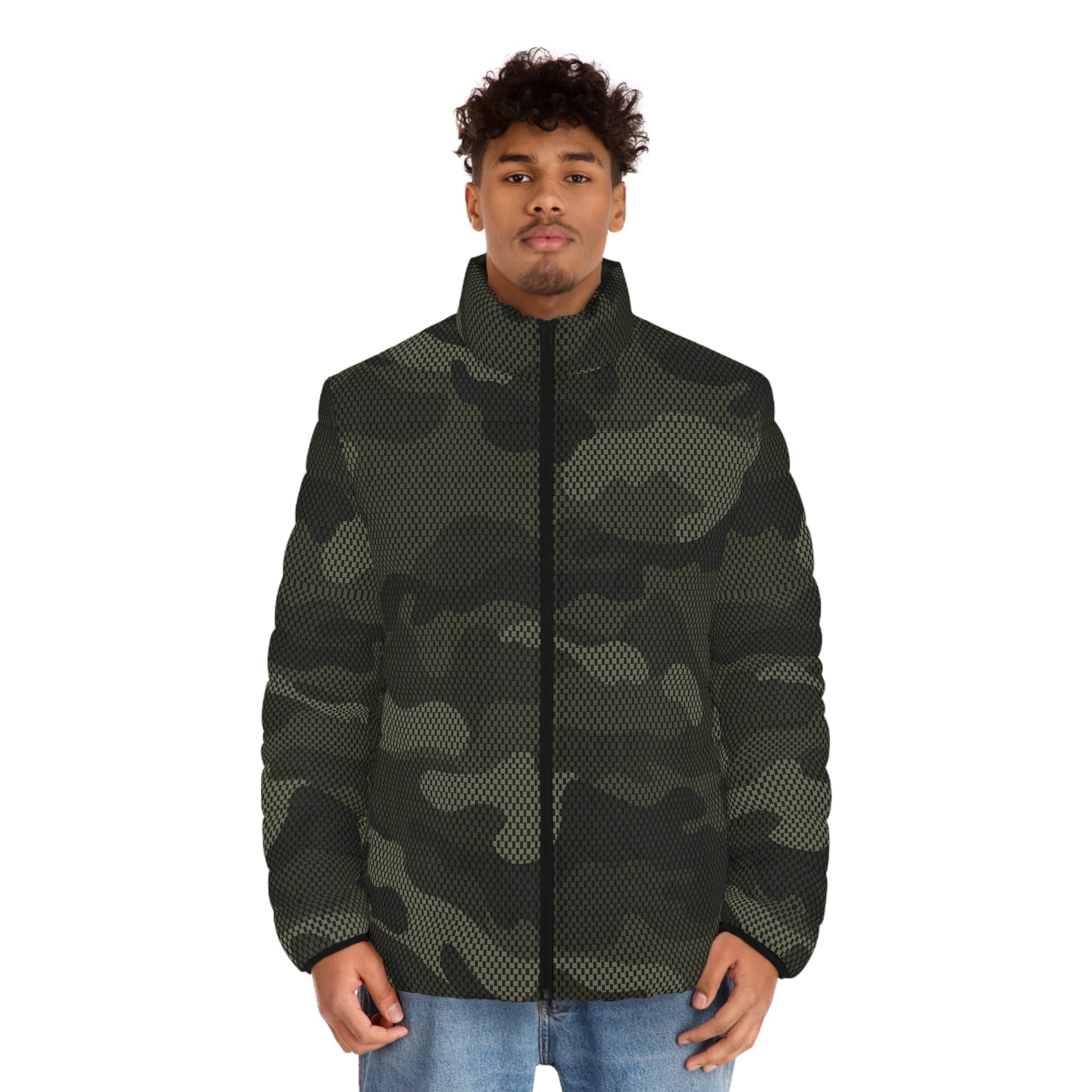 Brown Camo Puffer Jacket For Men | Digital Dotted Camouflage