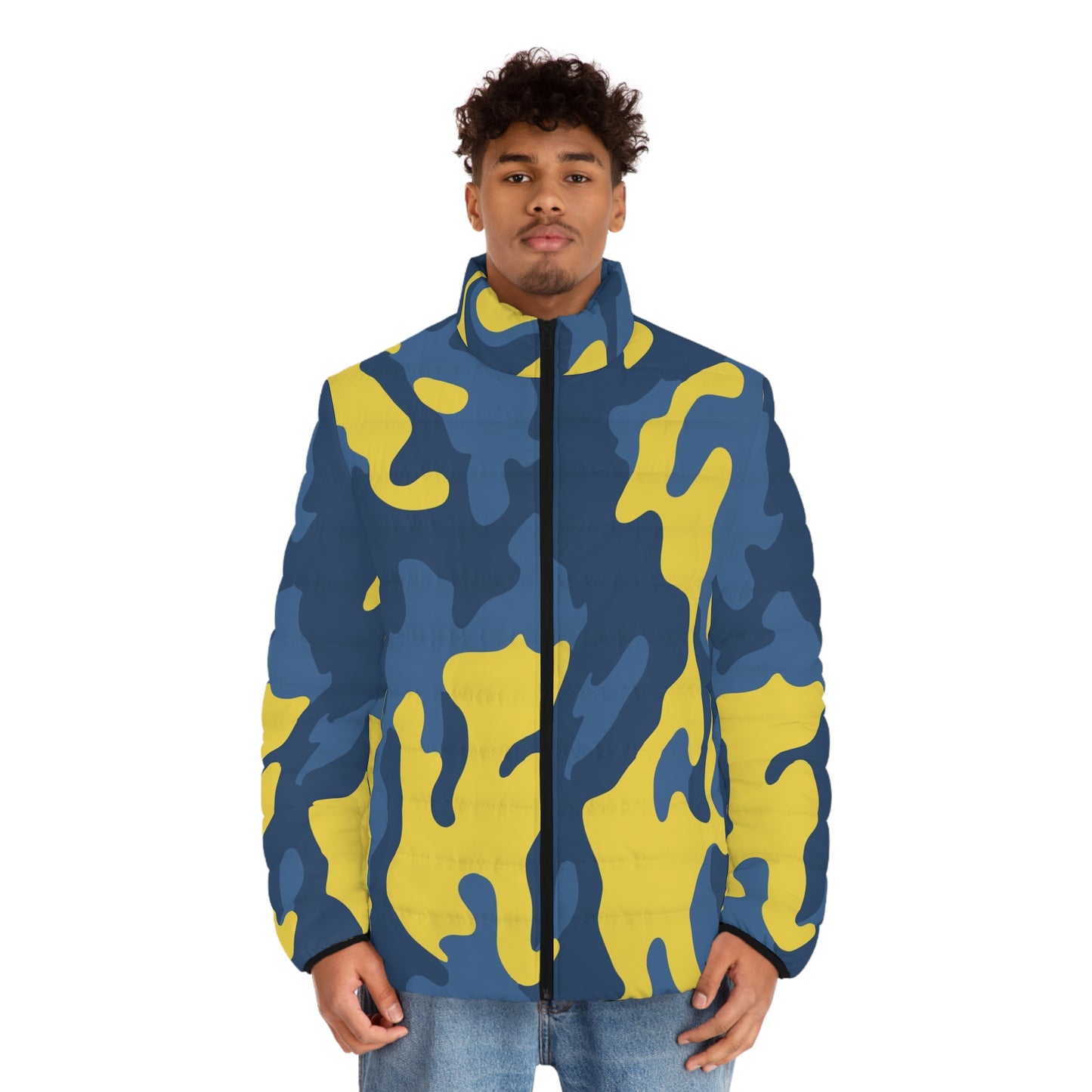 Camo Puffer Jacket For Men | Blue and Yellow Camouflage