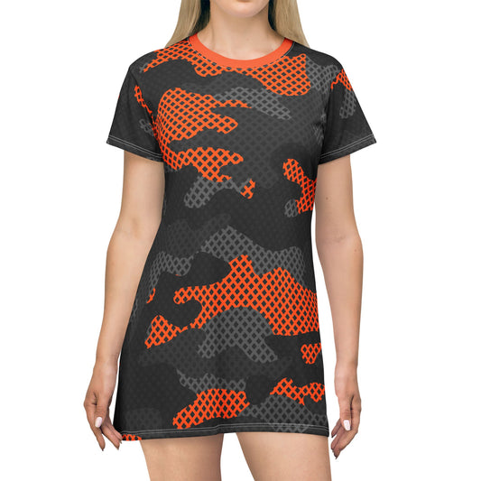 Camo T-Shirt Dress | Black and Orange Pixel Camouflage