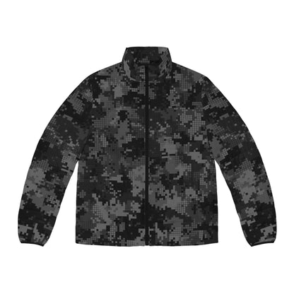 Gray Camo Puffer Jacket For Men | Digital Monochrome