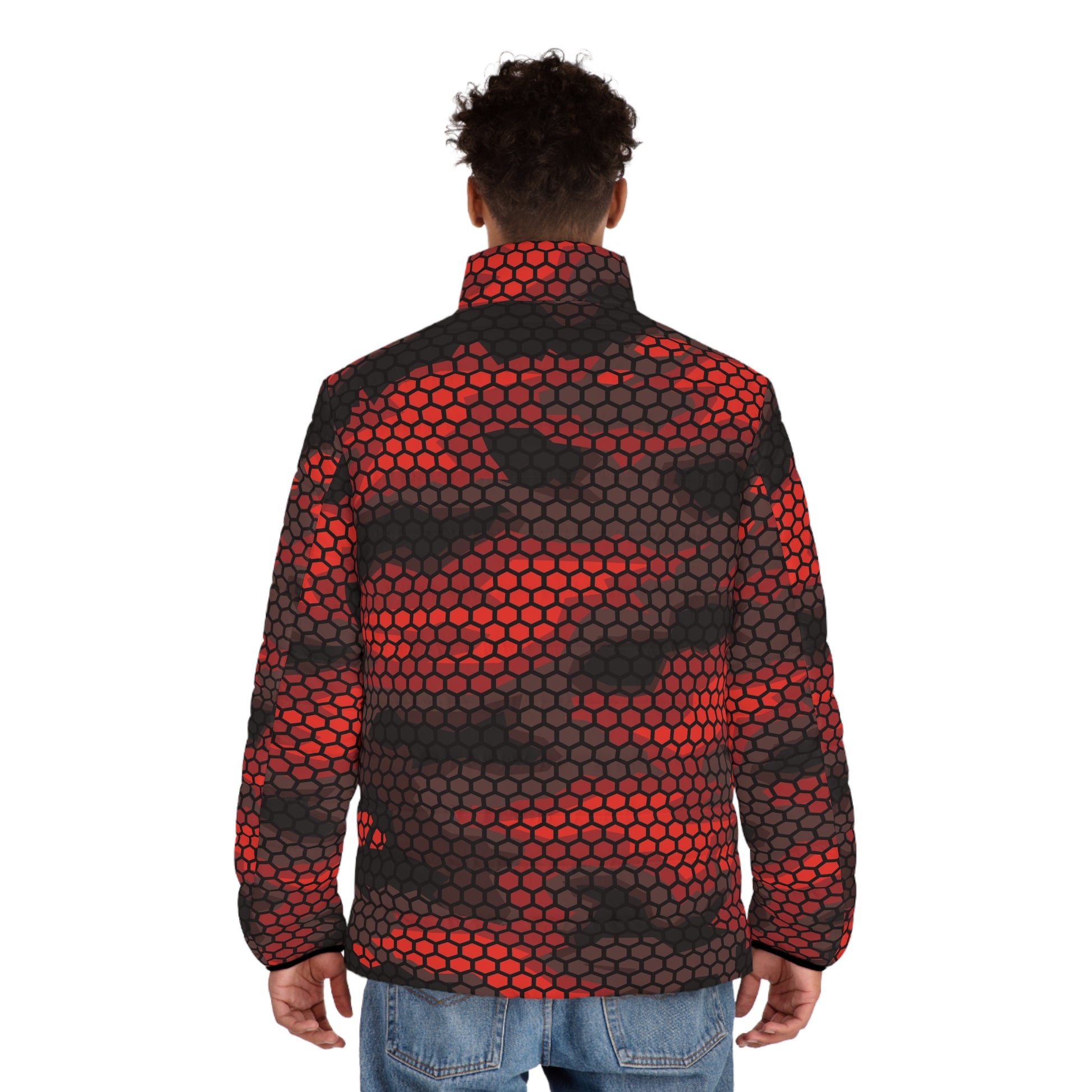 Camo Puffer Jacket For Men | Red Hive Camouflage Pattern