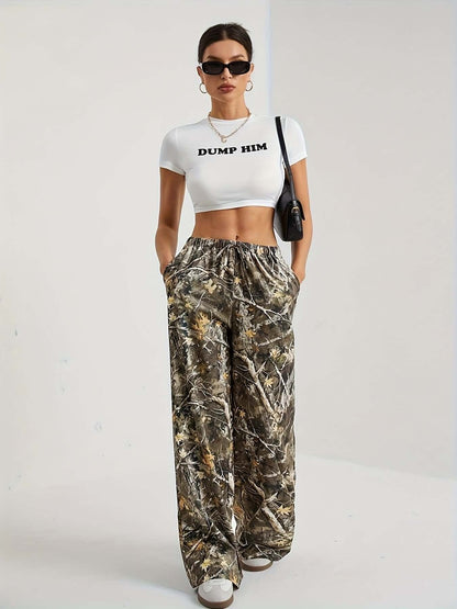 Army Green Plant Flower Camo Wide Leg Pants | Elastic Waist