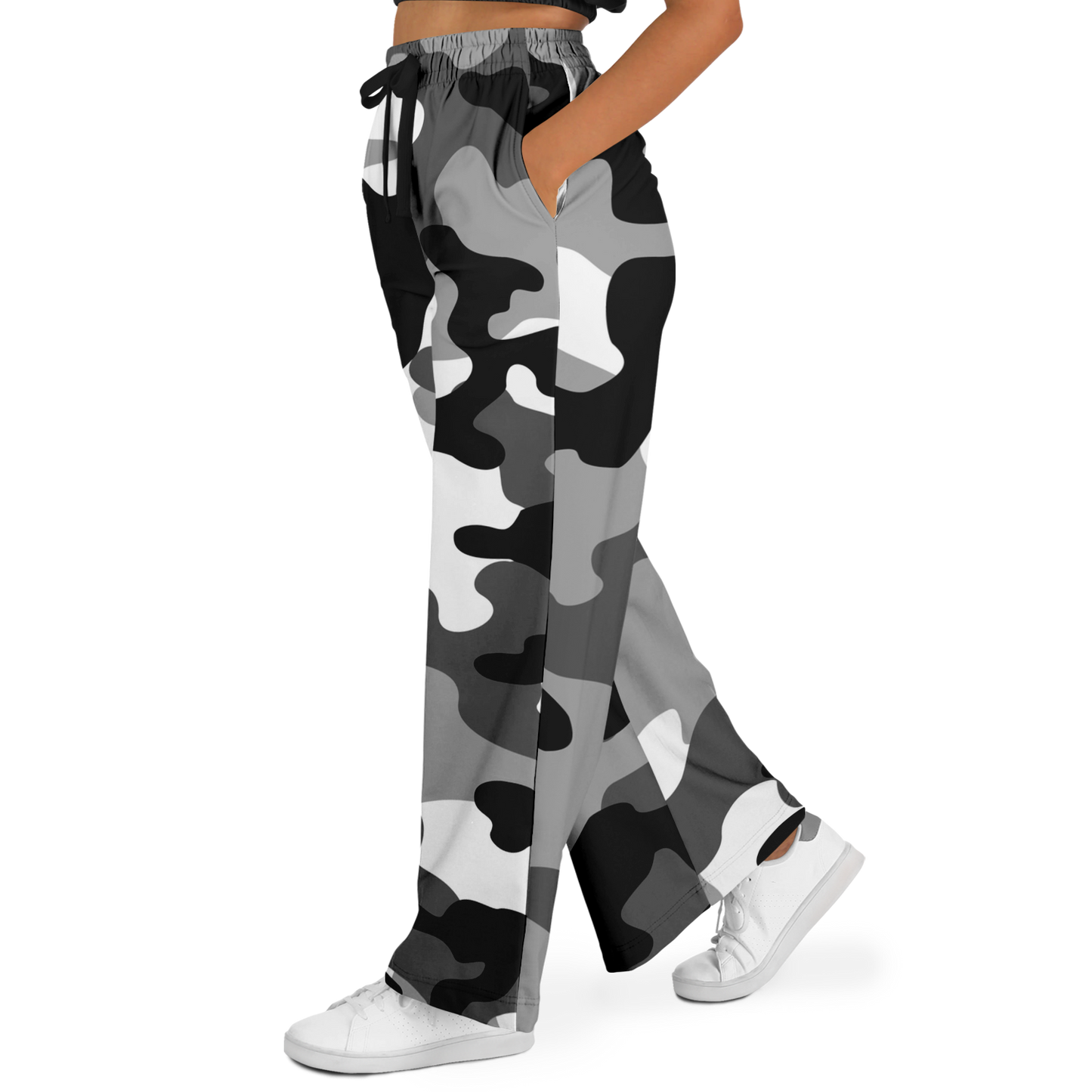 Camo Wide Leg Pants | Black, White & Gray Camouflage