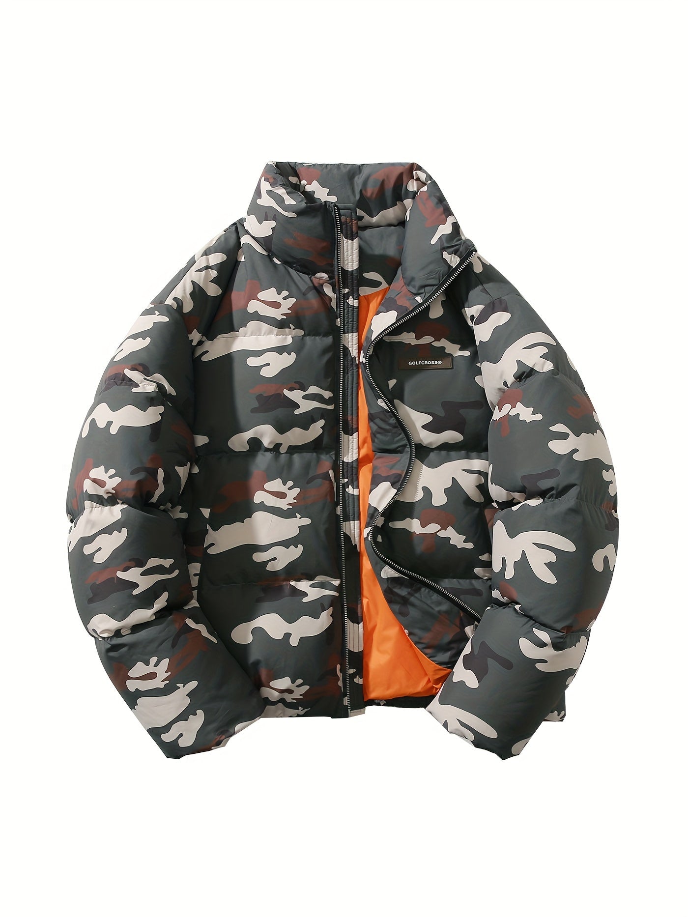 Camo Print Puffer Jacket for Men | Loose Fit, Letter Pattern