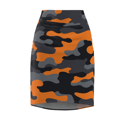 Camo Mini Skirt | Pencil Cut | Orange, Black & Gray