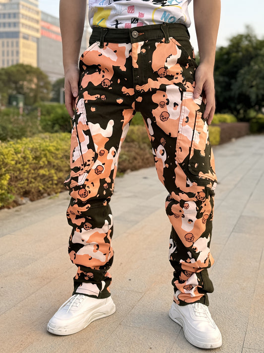 Men's Twill Stretch Pants: Full Print, Bone Embroidery, Foot Zipper