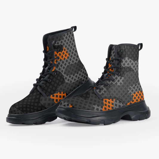 Chunky Boots | Leather in Black & Orange Pixel Camouflage