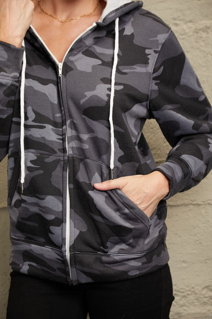 Camouflage Drawstring Detail Zip Up Hooded Jacket