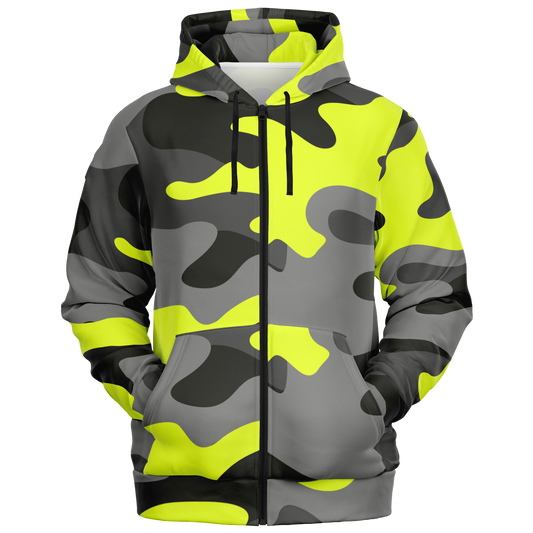 Zip-Up Hoodie | Yellow, Black, and Gray Camouflage