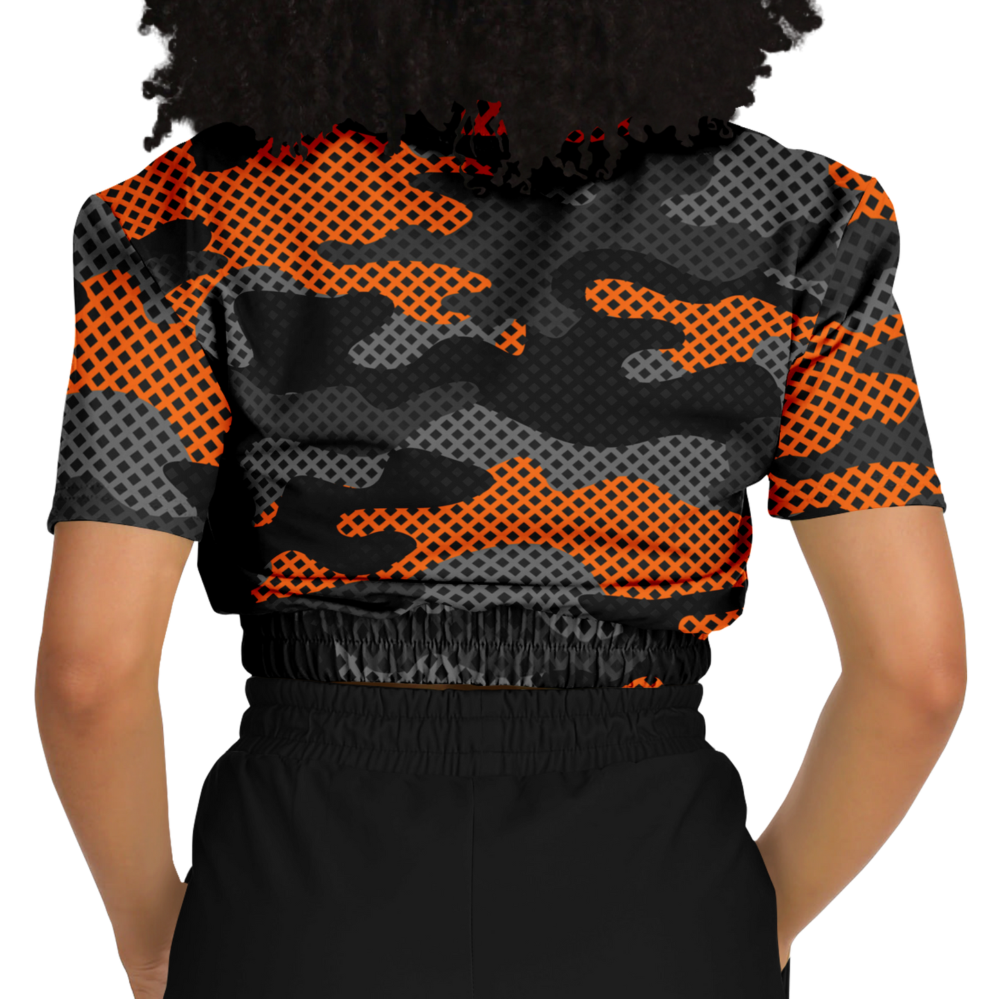 Camo Crop Top Sweatshirt | Black & Orange Pixel Pattern