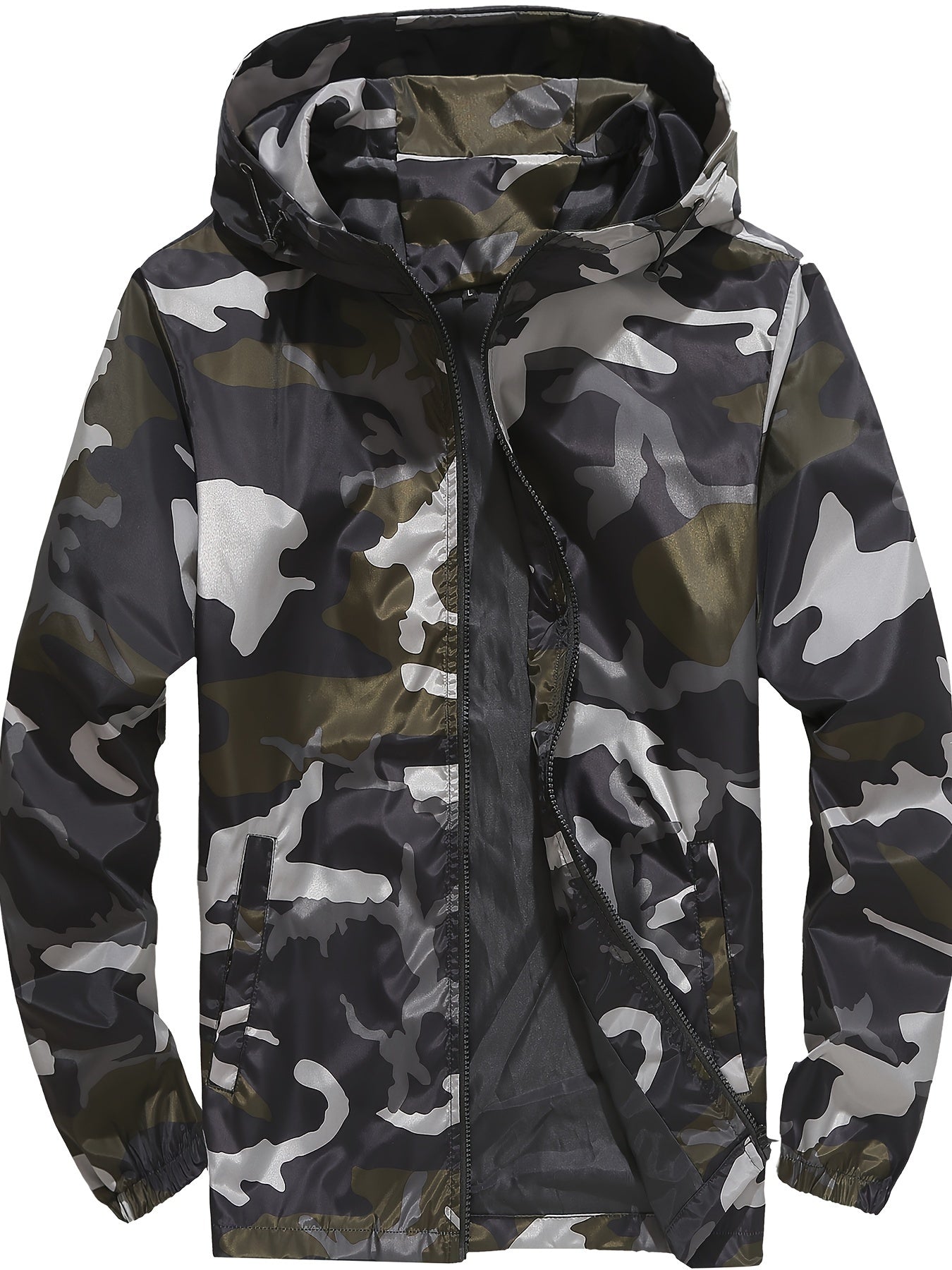 Men's Grey Hooded Zip Up Camouflage Lightweight Jacket