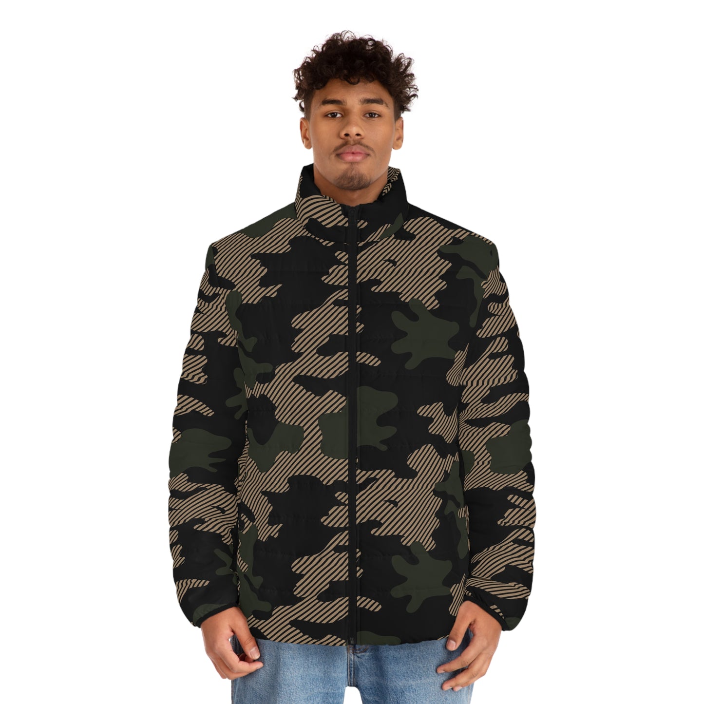 Camo Puffer Jacket For Men | Dark Jungle Green & Black