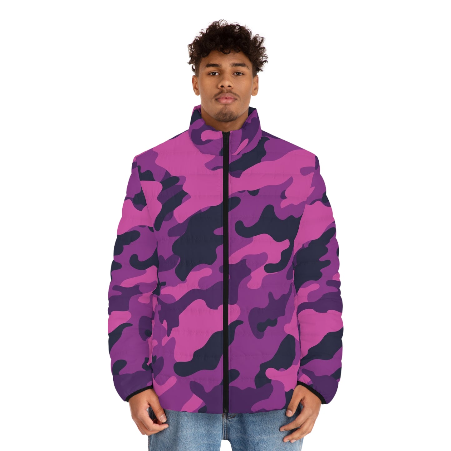 Camo Puffer Jacket For Men | Mixed Pink, Blue & Magenta