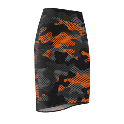 Camo Mini Skirt | Pencil Cut | Black & Orange Pixel Pattern