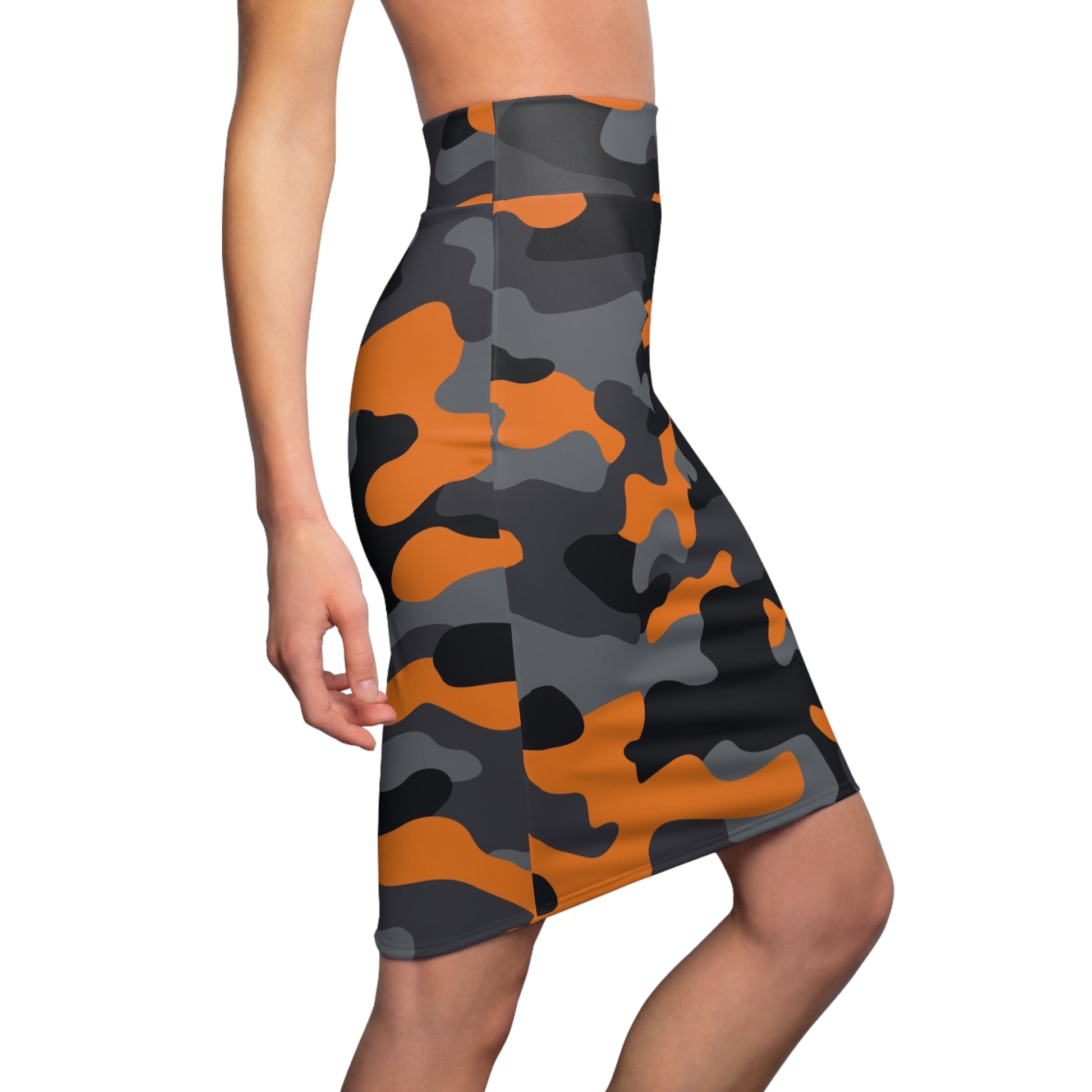 Camo Mini Skirt | Pencil Cut | Orange, Black & Gray