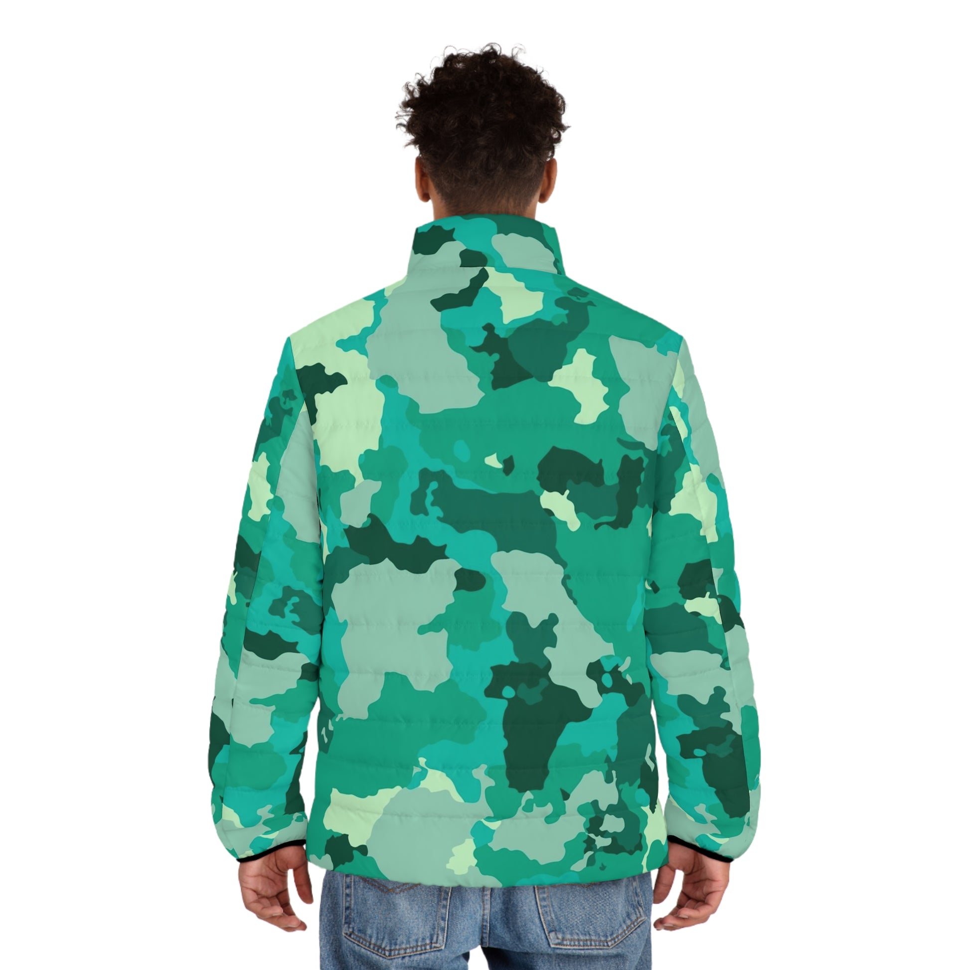 Cyan Green Camo Puffer Jacket For Men | Military Camouflage